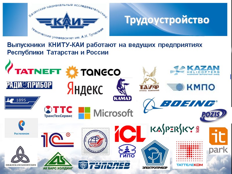 Трудоустройство Выпускники КНИТУ-КАИ работают на ведущих предприятиях  Республики Татарстан и России